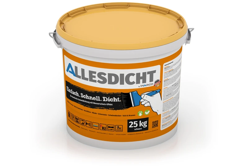 ALLESDICHT pour étancher la surface sous les dalles équines WARCO. Un seau de 25 kg de ALLESDICHT, un étanchéité liquide pratique de WARCO, qui forme une peau en caoutchouc très élastique.