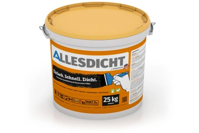 Il secchio da 25 kg di ALLESDICHT di colore nero è sufficiente per sigillare in modo permanente un'area di circa 7 m2 con una pelle di gomma altamente elastica contro l'acqua che penetra.