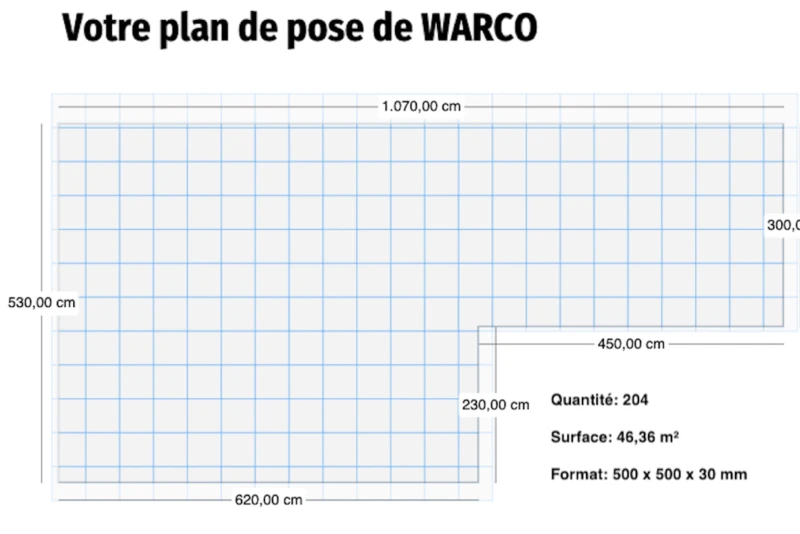 Le plan de pose individuel pour une terrasse avec les dalles WARCO. Il est bien sûr possible de créer plusieurs variantes de pose. Le plan peut être téléchargé au format PDF.