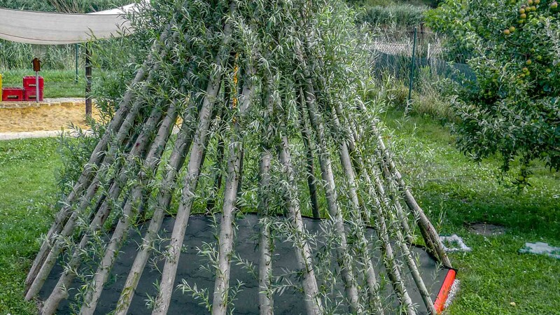 Auf einer Wiese steht ein Spieltipi aus Weidenstämmen. Die Weidenstämme, die die Wände des Spieltipis bilden, sind vor kurzem ausgeschlagen und beginnen zu wachsen. Der Boden des Spieltipis ist mit grünen Fallschutzplatten ausgelegt.