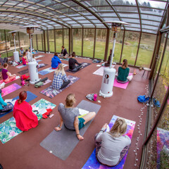 Yogaraum mit rotbraunen Warco-Matten, in dem viele Yoga-Schüler ihre Matten ausgebreitet haben und ihre Übungen machen.