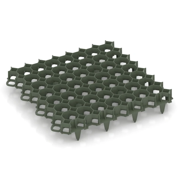 Kunststoff-Wabengitter von WARCO im Farbdesign Mattgrün mit den Abmessungen 47,6 x 47,6 x 4 cm | 0,23 m². Produktfoto von Artikel 3634 in der Aufsicht von schräg vorne.