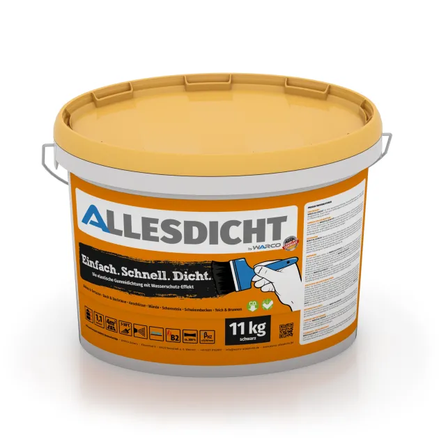 ALLESDICHT – Le revêtement en caoutchouc prêt à l’emploi de WARCO en couleur Noir au format 11 kg. La photo de l’article 0009 dans la vue complète de face.