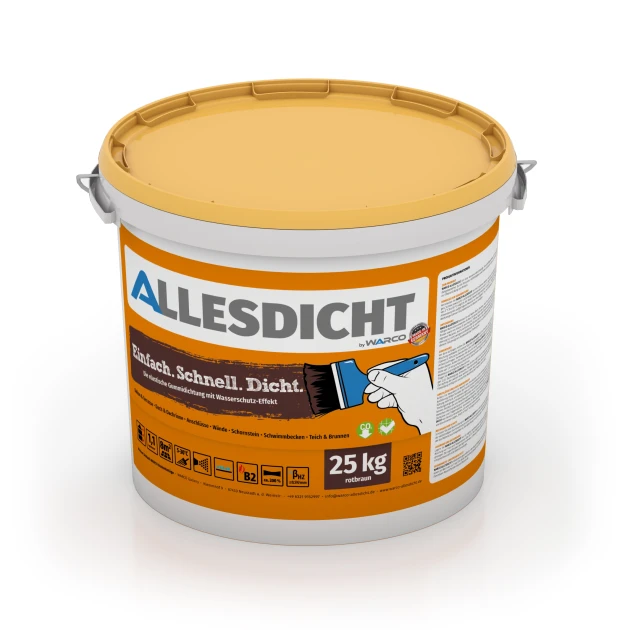 ALLESDICHT – Flüssigabdichtung von WARCO im Farbdesign Rotbraun mit den Abmessungen 25 kg | 7,6 m². Produktfoto von Artikel 0025 in der Aufsicht von schräg vorne.