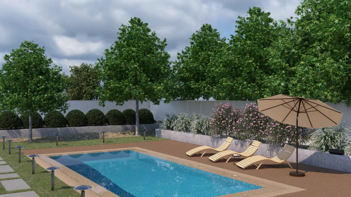 Beispielhafte Verlegung für den Artikel 2730 von WARCO - Poolfliese, Farbton Bast & Borke in der Abmessung 500 x 500 x 30 mm.