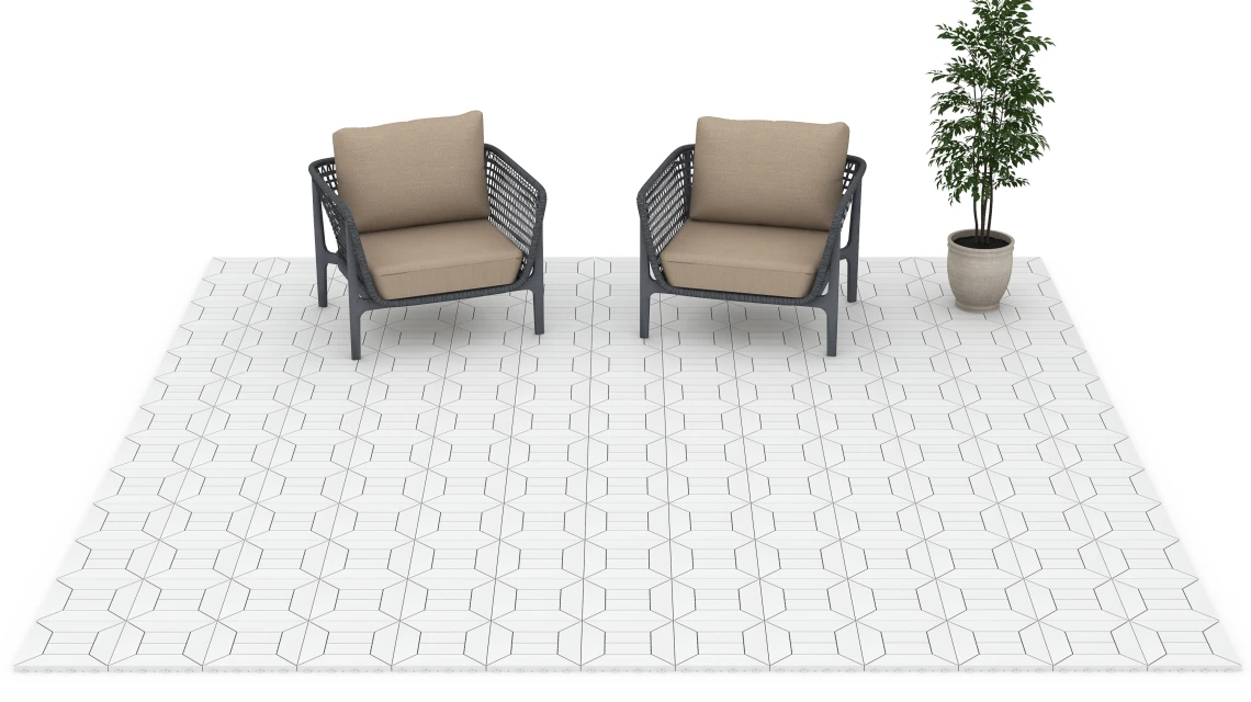 Beispielhafte Verlegung für den Artikel 6352 von WARCO - Motivo a cassettoni – Piastrella a incastro, Farbton Gesso in der Abmessung 30 x 30 x 2 cm.