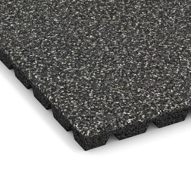 La vue détaillée sur les bords du produit WARCO 5331, Dalle amortissante, au format 500 x 500 x 30 mm, en couleur Granit foncé.