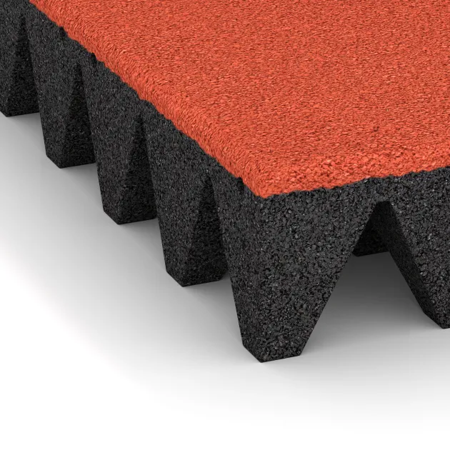 Detailaufnahme der Randausprägung von WARCO-Produkt 0742, Piastra antitrauma, Format 500 x 500 x 100 mm, Farbe Rosso Arancio Chiaro.