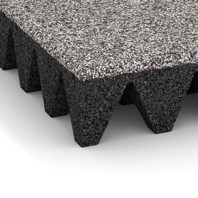 Detailaufnahme der Randausprägung von WARCO-Produkt 4476, Piastra antitrauma, Format 500 x 500 x 100 mm, Farbe Grigio melange.