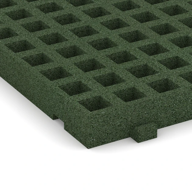 Detailaufnahme der Randausprägung von WARCO-Produkt 6118, Fallschutz-Rasengittermatte, Format 100 × 50 × 6,5 cm, Farbe Grasgrün.