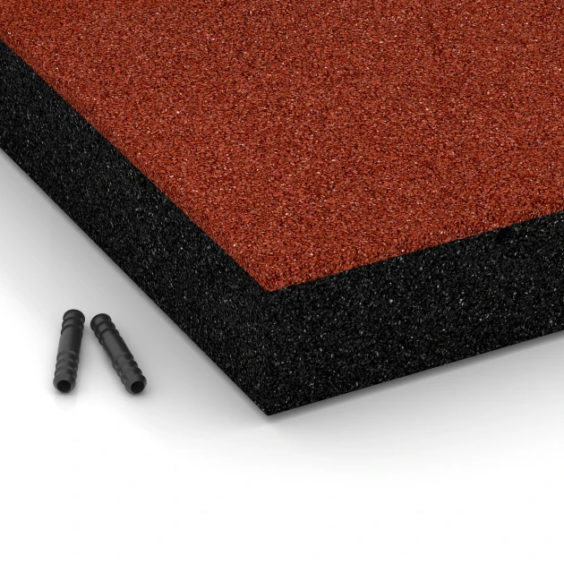 Detailaufnahme der Randausprägung von WARCO-Produkt 6205, Fallschutzplatten, Format 50 x 50 x 8 cm, Farbe Ziegelrot.
