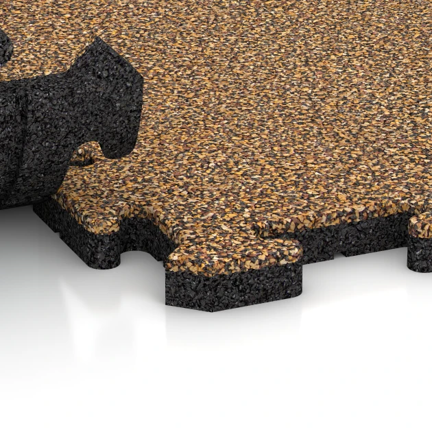 Großaufnahme vom Verbindungssystem von WARCO-Boden 2640 - Fallschutz-Puzzlematte im Farbdesign Rattan Lounge. Abmessungen 50 x 50 x 3 cm | 0,25 m².