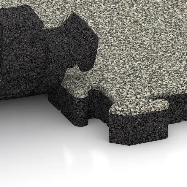 Le gros plan sur le système de connexion des revêtements de sol WARCO 4161 - Revêtement sportif en caoutchouc HD en couleur Granit clair. Les dimensions 500 x 500 x 50 mm.