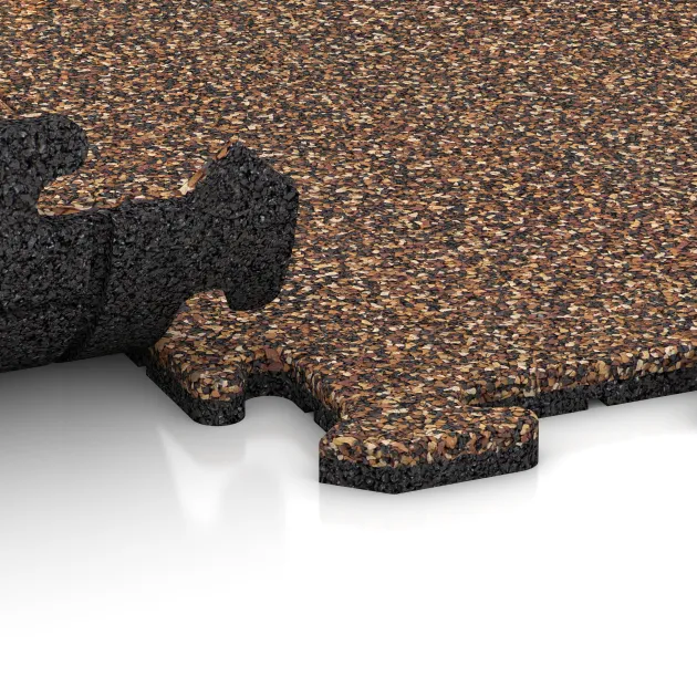 Großaufnahme vom Verbindungssystem von WARCO-Boden 0319 - Bodenschutzmatte 1,8 cm – Fitness im Farbdesign Bast & Borke. Abmessungen 1000 x 1000 x 18 mm.