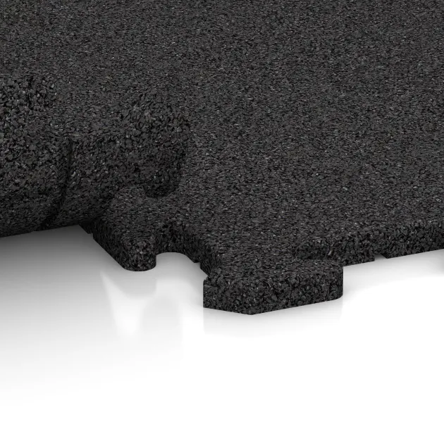 Le gros plan sur le système de connexion des revêtements de sol WARCO 0340 - Tapis de fitness HD 18 mm en couleur Anthracite. Les dimensions 1000 x 1000 x 18 mm.