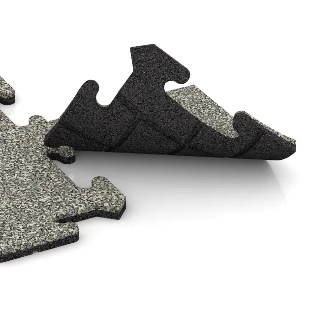 Le gros plan sur le système de connexion des revêtements de sol WARCO 4710 - Dalle d’angle en couleur Granit clair. Les dimensions 235 x 235 x 18 mm.