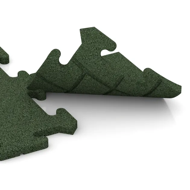 Großaufnahme vom Verbindungssystem von WARCO-Boden 4811 - Eckplatte im Farbdesign Grasgrün. Abmessungen 235 x 235 x 18 mm.