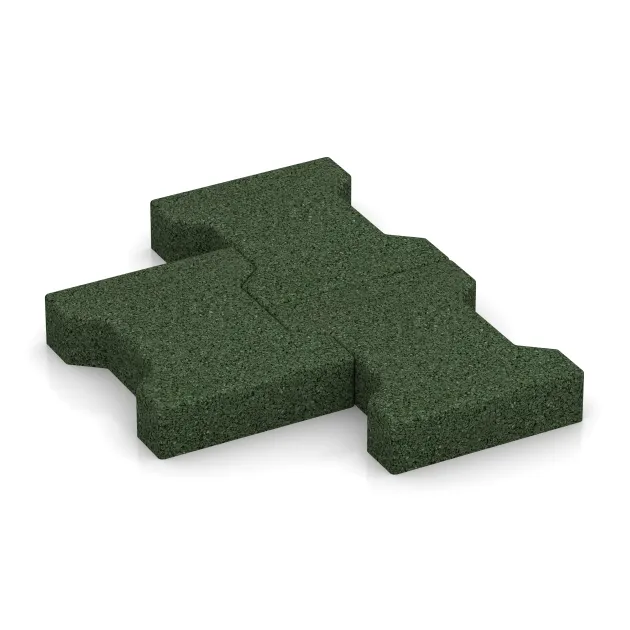 Le gros plan sur le système de connexion des revêtements de sol WARCO 3617 - Pavé amortissant autobloquant en caoutchouc double T 4,3 cm - EN 1177 ≤ 80 cm en couleur Vert gazon. Les dimensions 200 x 165 x 43 mm.