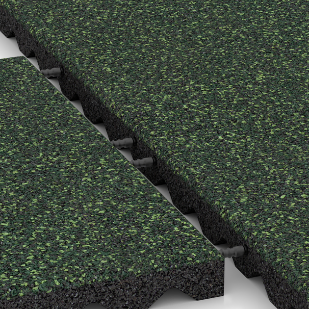 Großaufnahme vom Verbindungssystem von WARCO-Boden 5344 - Piastra antitrauma im Farbdesign Prato Inglese. Abmessungen 500 x 500 x 40 mm.