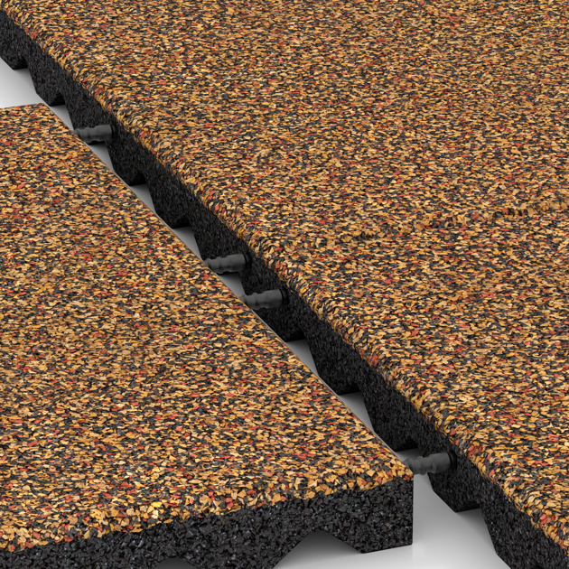 Großaufnahme vom Verbindungssystem von WARCO-Boden 5336 - Piastra antitrauma im Farbdesign Terracotta. Abmessungen 500 x 500 x 40 mm.