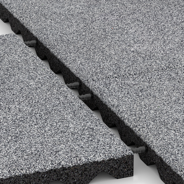 Großaufnahme vom Verbindungssystem von WARCO-Boden 5348 - Piastra antitrauma im Farbdesign Grigio melange. Abmessungen 500 x 500 x 40 mm.