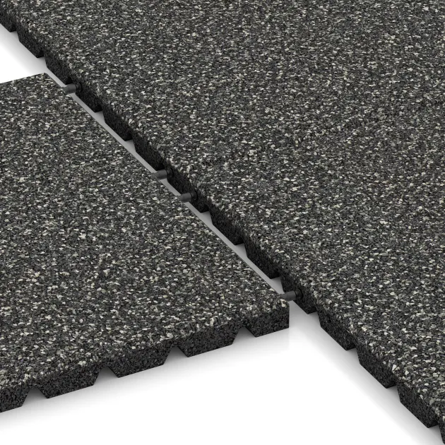 Le gros plan sur le système de connexion des revêtements de sol WARCO 5331 - Dalle amortissante en couleur Granit foncé. Les dimensions 500 x 500 x 30 mm.