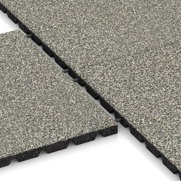 Großaufnahme vom Verbindungssystem von WARCO-Boden 5327 - Piastra antitrauma im Farbdesign Granito chiaro. Abmessungen 500 x 500 x 30 mm.