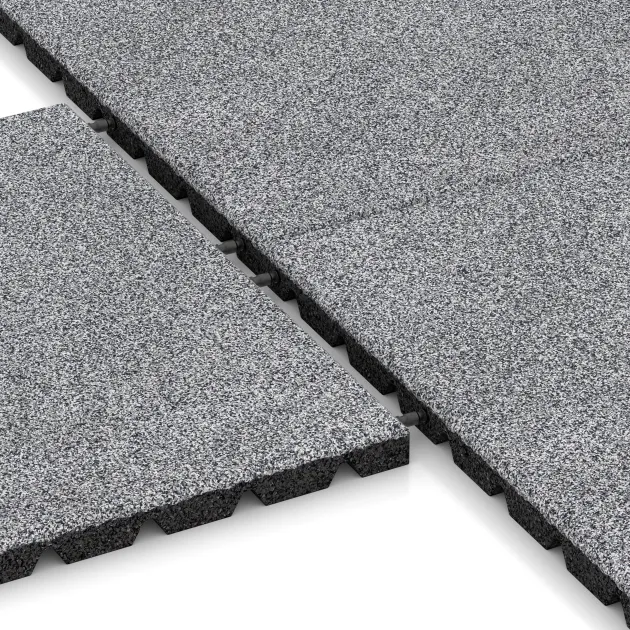 Großaufnahme vom Verbindungssystem von WARCO-Boden 5334 - Piastra antitrauma im Farbdesign Grigio melange. Abmessungen 500 x 500 x 30 mm.