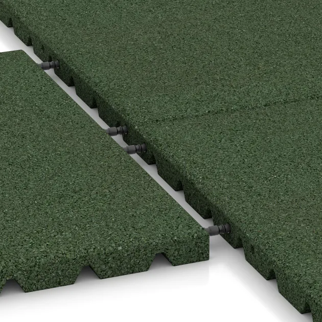 Großaufnahme vom Verbindungssystem von WARCO-Boden 0570 - Lastra di protezione murale im Farbdesign Verde erba. Abmessungen 500 x 500 x 30 mm.