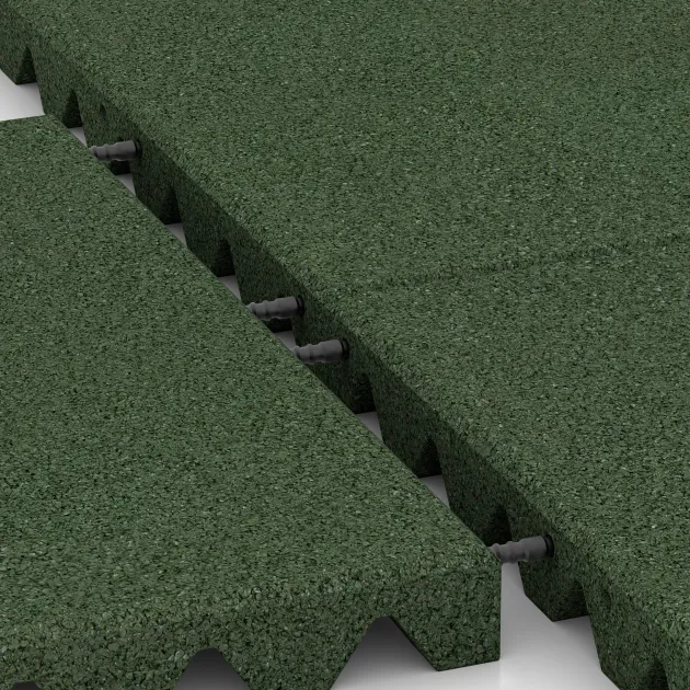 Großaufnahme vom Verbindungssystem von WARCO-Boden 0656 - Lastra di protezione murale im Farbdesign Verde erba. Abmessungen 500 x 500 x 45 mm.