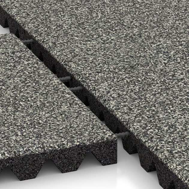 Großaufnahme vom Verbindungssystem von WARCO-Boden 5356 - Piastra antitrauma im Farbdesign Granito classico. Abmessungen 500 x 500 x 50 mm.