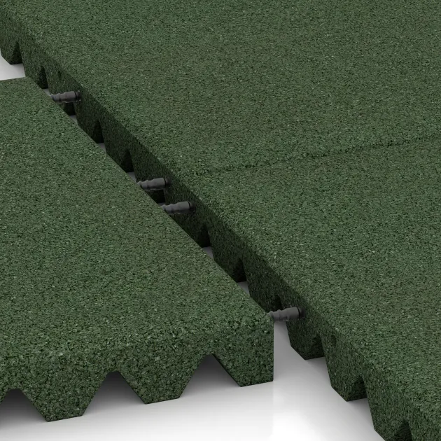 Großaufnahme vom Verbindungssystem von WARCO-Boden 0692 - Piastra antitrauma im Farbdesign Verde erba. Abmessungen 500 x 500 x 50 mm.