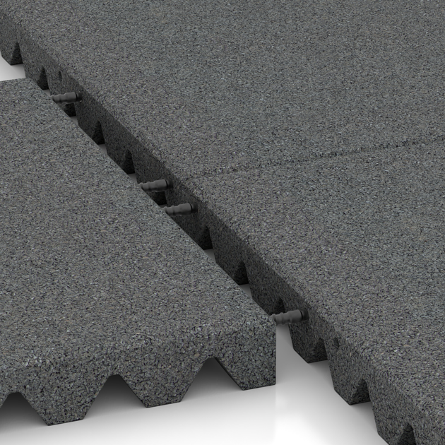 Großaufnahme vom Verbindungssystem von WARCO-Boden 0693 - Piastra antitrauma im Farbdesign Grigio ardesia. Abmessungen 500 x 500 x 50 mm.