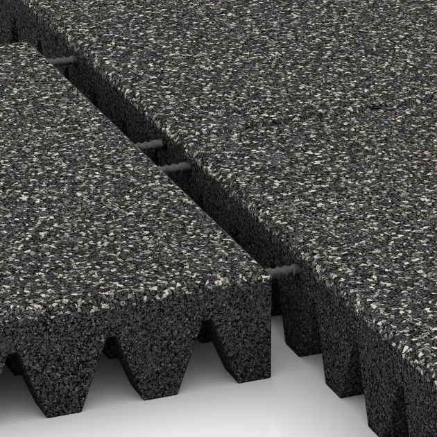 Großaufnahme vom Verbindungssystem von WARCO-Boden 5364 - Piastra antitrauma im Farbdesign Granito scuro. Abmessungen 500 x 500 x 80 mm.