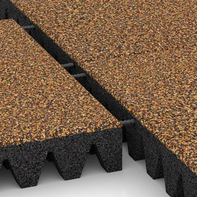 Großaufnahme vom Verbindungssystem von WARCO-Boden 5373 - Piastra antitrauma im Farbdesign Terracotta. Abmessungen 500 x 500 x 80 mm.