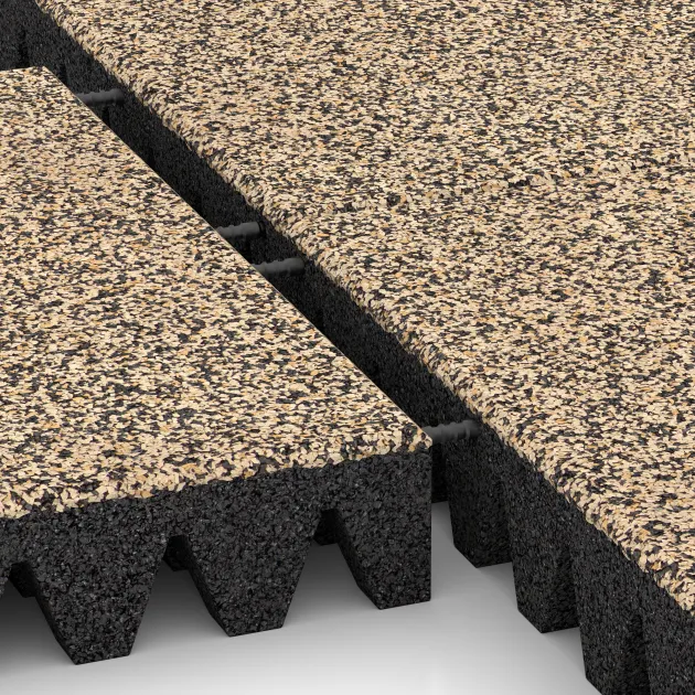 Großaufnahme vom Verbindungssystem von WARCO-Boden 5374 - Piastra antitrauma im Farbdesign Travertino. Abmessungen 500 x 500 x 80 mm.