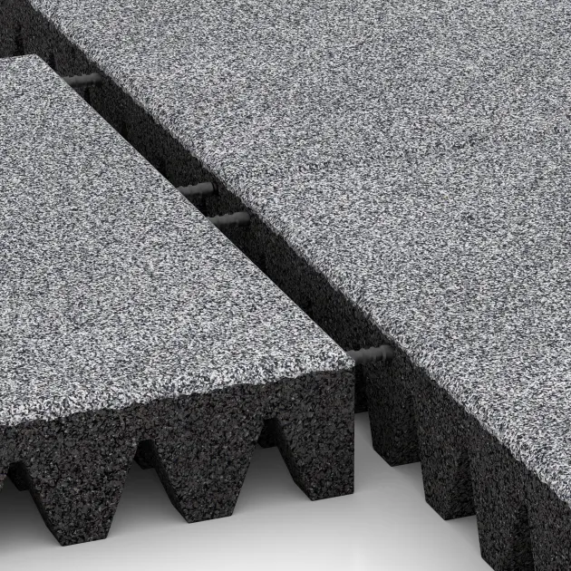 Großaufnahme vom Verbindungssystem von WARCO-Boden 5376 - Piastra antitrauma im Farbdesign Grigio melange. Abmessungen 500 x 500 x 80 mm.