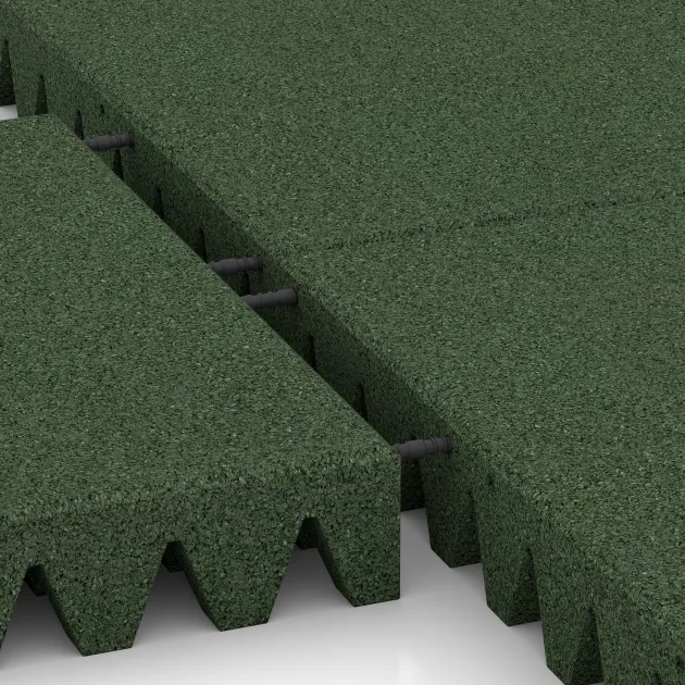 Großaufnahme vom Verbindungssystem von WARCO-Boden 0728 - Piastra antitrauma im Farbdesign Verde erba. Abmessungen 500 x 500 x 80 mm.