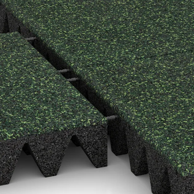 Großaufnahme vom Verbindungssystem von WARCO-Boden 3709 - Piastra antitrauma im Farbdesign Prato Inglese. Abmessungen 500 x 500 x 100 mm.