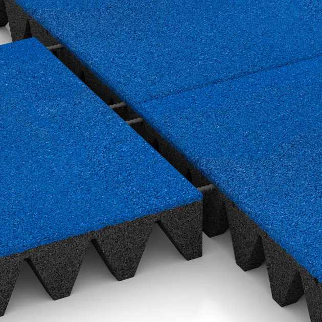 Le gros plan sur le système de connexion des revêtements de sol WARCO 0733 - Dalle amortissante en couleur Bleu Gentiane. Les dimensions 500 x 500 x 100 mm.