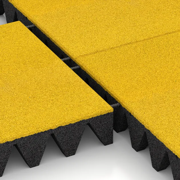 Le gros plan sur le système de connexion des revêtements de sol WARCO 0740 - Dalle amortissante en couleur Jaune Citron. Les dimensions 500 x 500 x 100 mm.