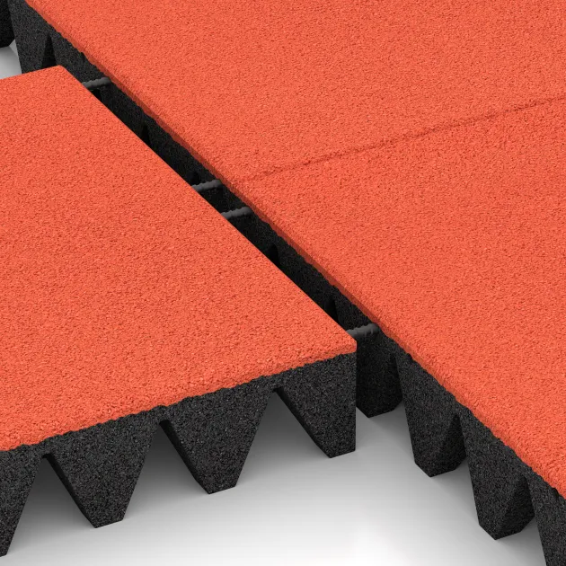 Großaufnahme vom Verbindungssystem von WARCO-Boden 0742 - Fallschutzplatte im Farbdesign Hellrot-Orange. Abmessungen 500 x 500 x 100 mm.