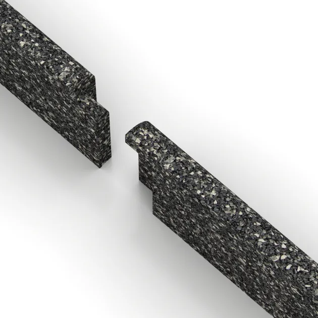 Le gros plan sur le système de connexion des revêtements de sol WARCO 2260 - Plinthe en couleur Granit foncé. Les dimensions 750 x 80 x 20 mm.