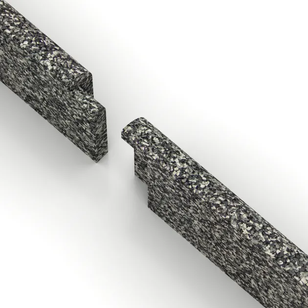 Großaufnahme vom Verbindungssystem von WARCO-Boden 2257 - Battiscopa im Farbdesign Granito classico. Abmessungen 750 x 80 x 20 mm.