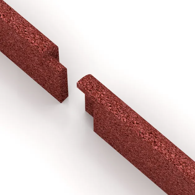 Großaufnahme vom Verbindungssystem von WARCO-Boden 4293 - Battiscopa im Farbdesign Rosso corallo. Abmessungen 750 x 80 x 20 mm.