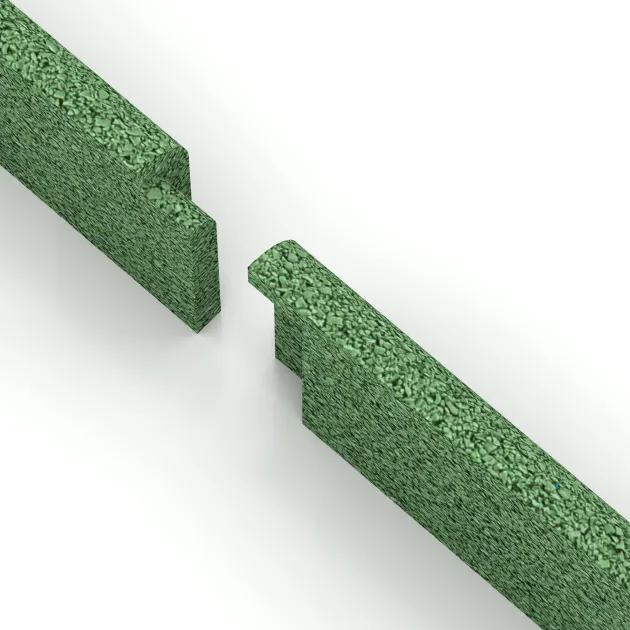 Großaufnahme vom Verbindungssystem von WARCO-Boden 4295 - Battiscopa im Farbdesign Verde pallido. Abmessungen 750 x 80 x 20 mm.