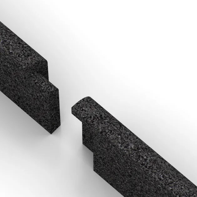 Großaufnahme vom Verbindungssystem von WARCO-Boden 2263 - Battiscopa im Farbdesign Antracite. Abmessungen 750 x 80 x 20 mm.