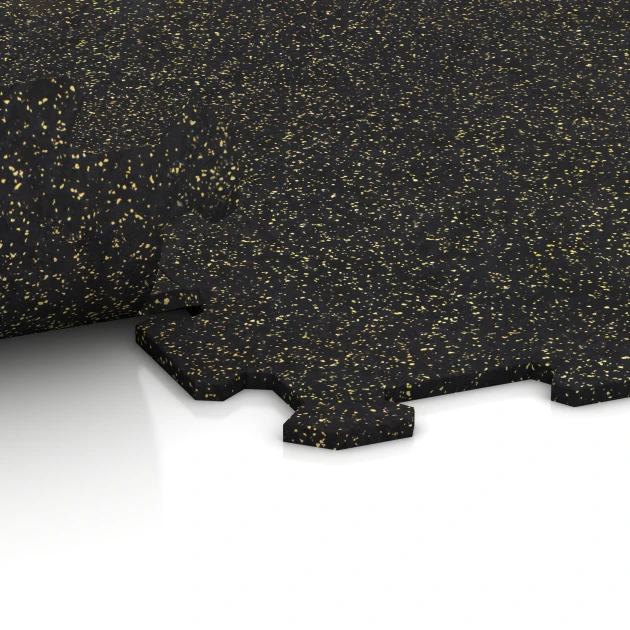 Großaufnahme vom Verbindungssystem von WARCO-Boden 1063 - Fitnessboden Kompakt im Farbdesign Leicht Gelb Gesprenkelt. Abmessungen 970 x 970 x 8 mm | 0,94 m.