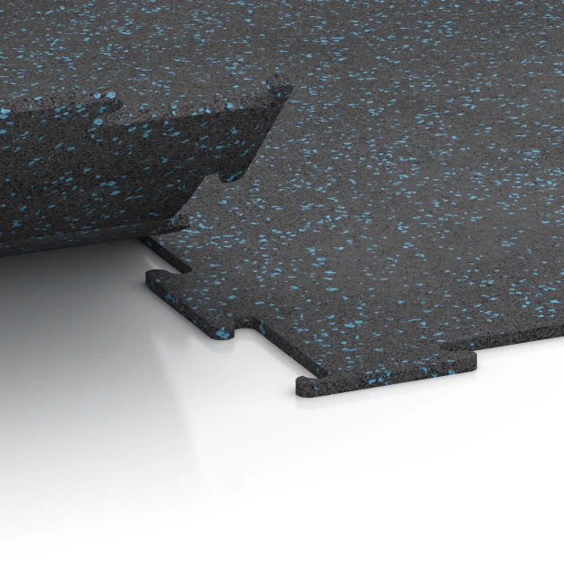 Großaufnahme vom Verbindungssystem von WARCO-Boden 6451 - Pavimento Fitness Compatto im Farbdesign Azzurro leggermente punteggiato. Abmessungen 100 × 100 × 0,8 cm.
