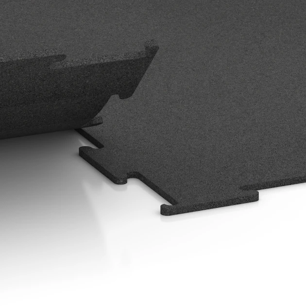 Großaufnahme vom Verbindungssystem von WARCO-Boden 6455 - Fitnessboden Kompakt im Farbdesign Anthrazit. Abmessungen 50 × 50 × 0,8 cm.